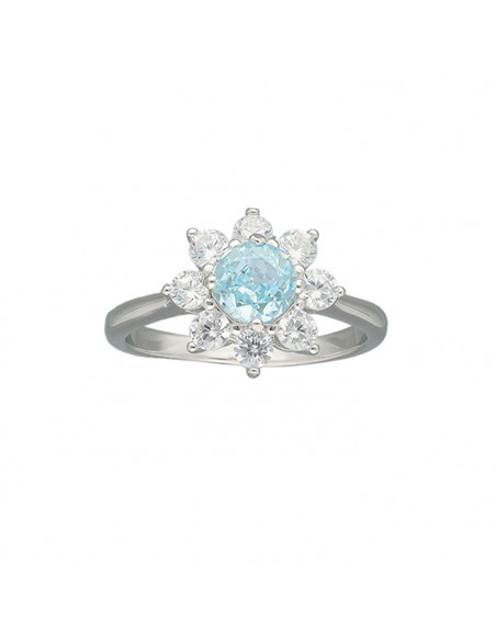 ANILLO EN PLATA CON CIRCONITA AZUL Y BLANCA FLOR