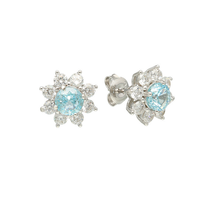 PENDIENTES EN PLATA CIRCONITA AZUL Y BLANCA FORMA FLOR