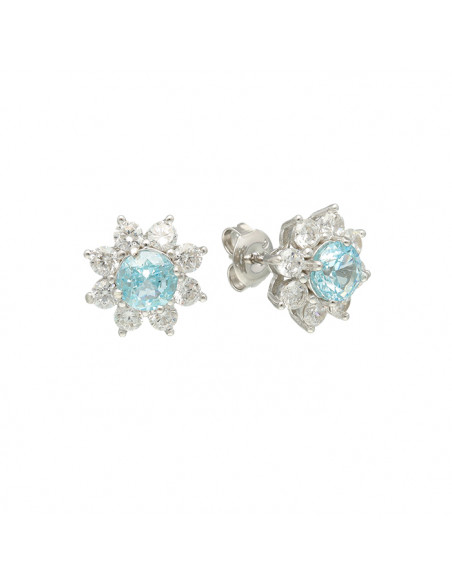 PENDIENTES EN PLATA CIRCONITA AZUL Y BLANCA FORMA FLOR