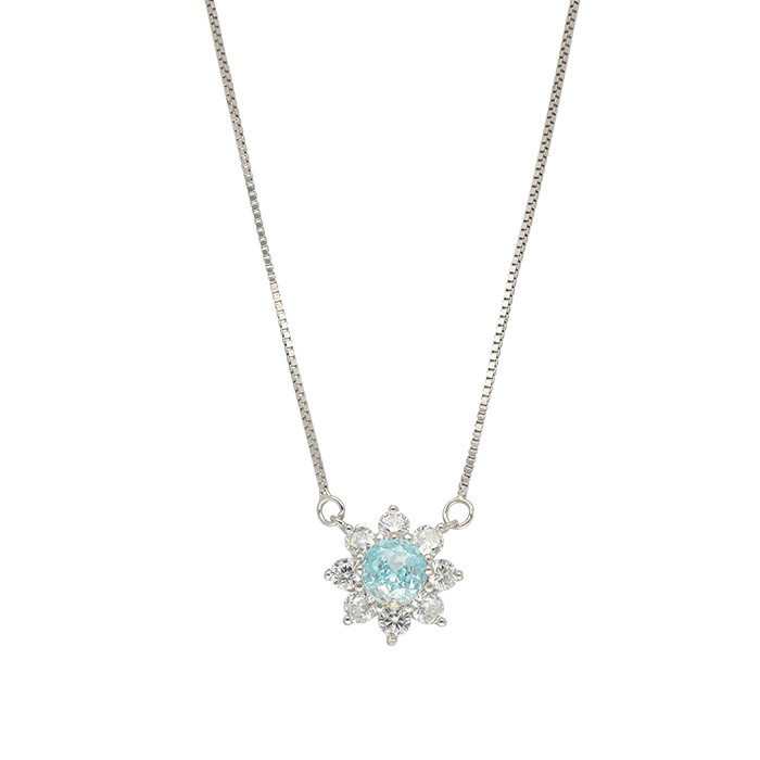 GARGANTILLA EN PLATA CON CIRCONITA AZUL Y  BLANCA EN FORMA DE FLOR