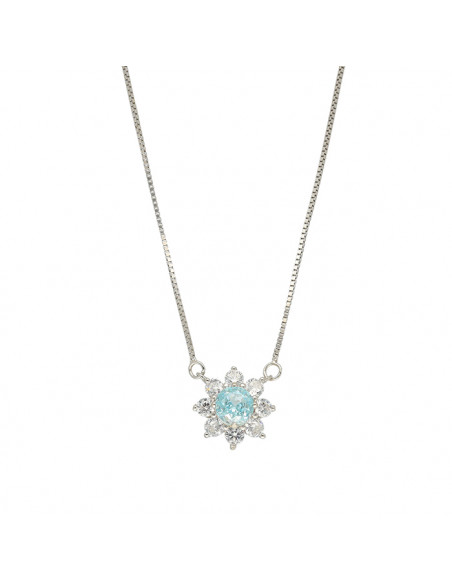GARGANTILLA EN PLATA CON CIRCONITA AZUL Y  BLANCA EN FORMA DE FLOR