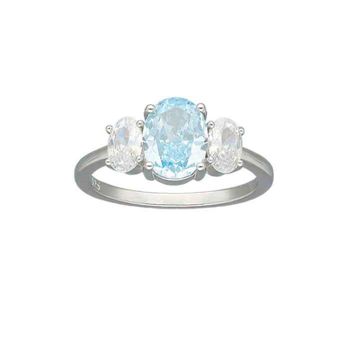 ANILLO EN PLATA  CIRCONITA CENTRAL AZUL OVAL LADOS BLANCA