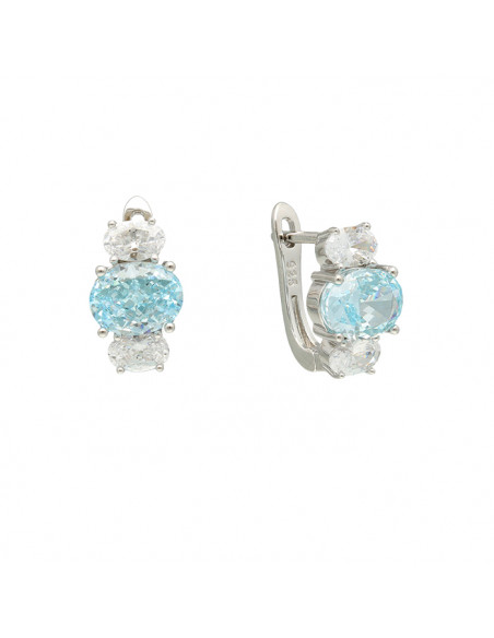 PENDIENTES EN PLATA CON TRES  CIRCONITAS AZUL Y BLANCAS OVAL