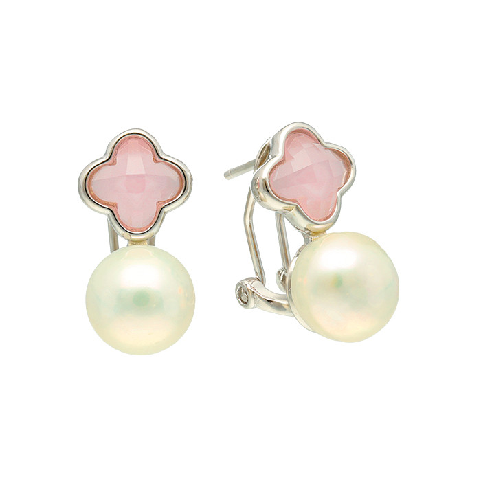 PENDIENTES EN PLATA CIRCONITA ROSA FLOR PERLA CULTIVADA
