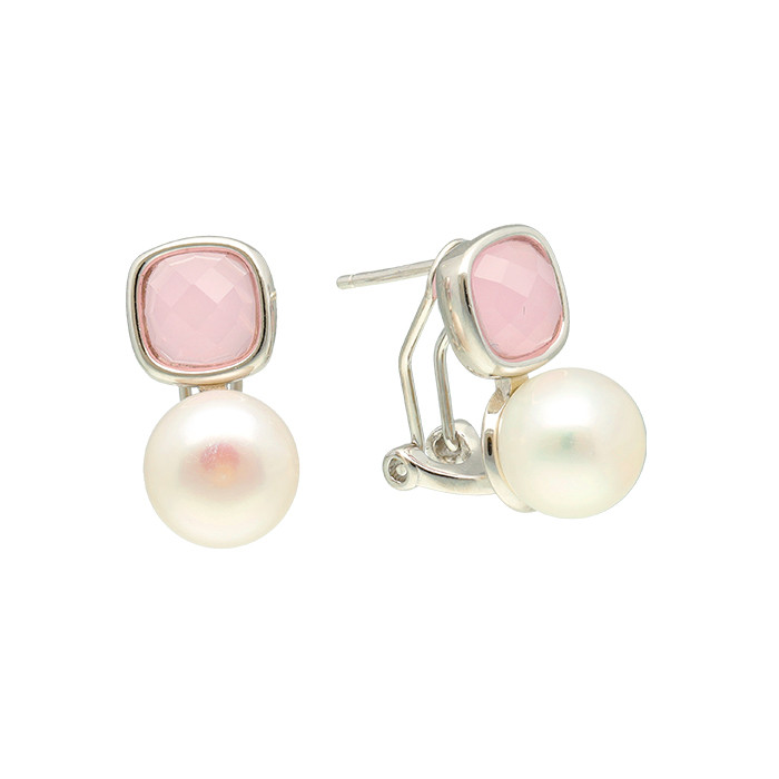 PENDIENTES EN PLATA CON CIRCONITA ROSA CUADRADA Y PERLA CULTIVADA