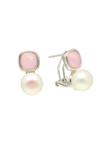 PENDIENTES EN PLATA CON CIRCONITA ROSA CUADRADA Y PERLA CULTIVADA