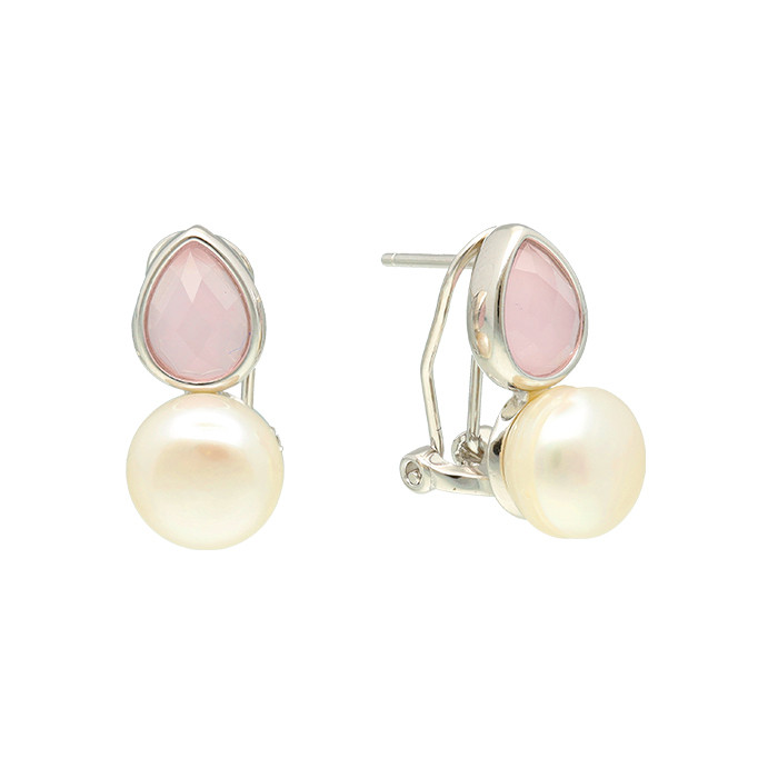 PENDIENTES EN PLATA CIRCONITA  ROSA GOTA Y PERLA CULTIVADA