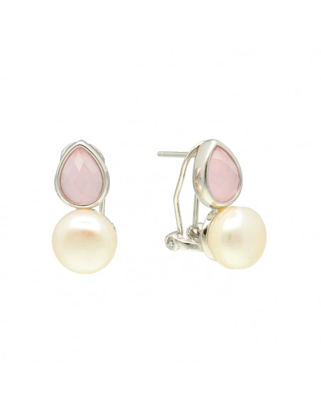 PENDIENTES EN PLATA CIRCONITA  ROSA GOTA Y PERLA CULTIVADA