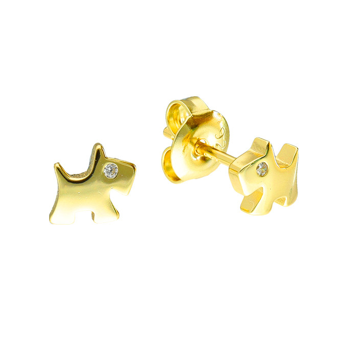 PENDIENTES EN PLATA DORADA EN FORMA DE PERRO CON CIRCONITA BLANCA