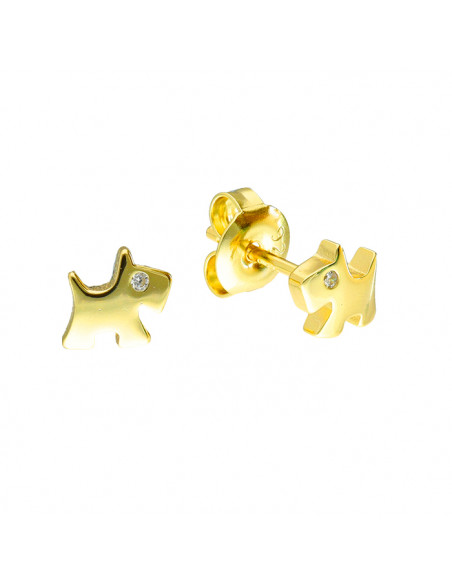 PENDIENTES EN PLATA DORADA EN FORMA DE PERRO CON CIRCONITA BLANCA