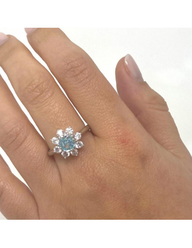 ANILLO EN PLATA CON CIRCONITA AZUL Y BLANCA FLOR
