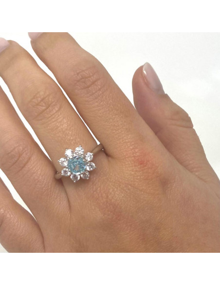 ANILLO EN PLATA CON CIRCONITA AZUL Y BLANCA FLOR