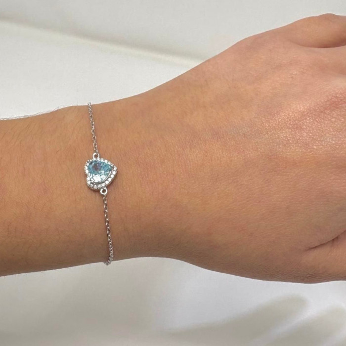 PULSERA DE PLATA CIRCONITA CENTRAL AZUL CORAZÓN Y BLANCAS 2