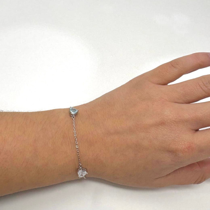 PULSERA DE PLATA  CON TRES CORAZONES CIRCONITA AZUL BLANCA 2