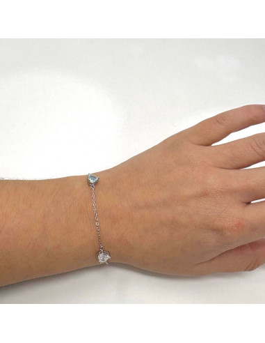 PULSERA DE PLATA  CON TRES CORAZONES CIRCONITA AZUL BLANCA