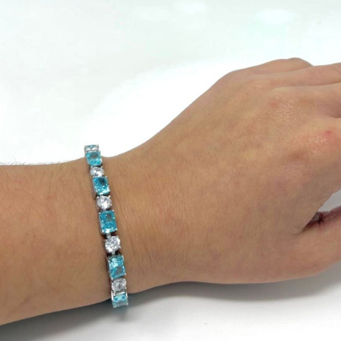 PULSERA DE PLATA CON CIRCONITAS CUADRADAS AZULES Y  BLANCAS 2