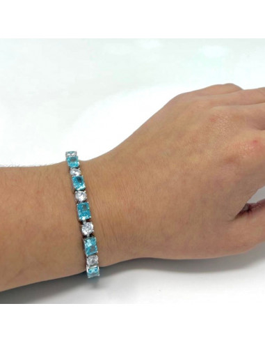PULSERA DE PLATA CON CIRCONITAS CUADRADAS AZULES Y  BLANCAS