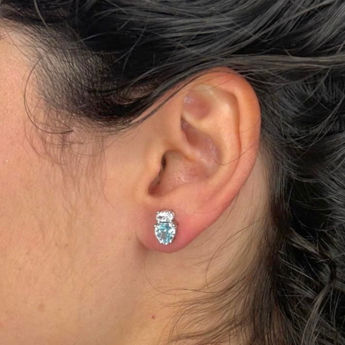 PENDIENTES EN PLATA DE LEY CON CIRCONITA AZUL CORAZÓN Y BLANCA OVAL 2