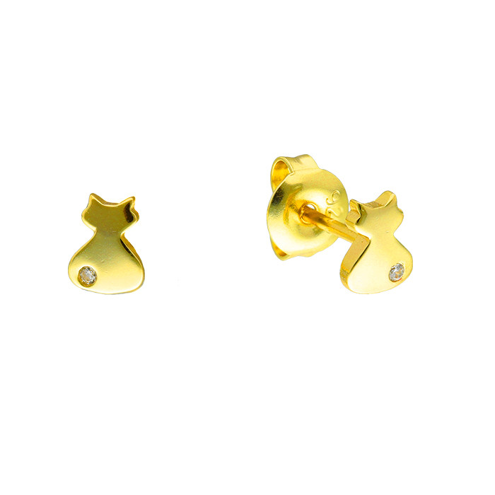 PENDIENTES EN PLATA DORADA FORMA GATO CON CIRCONITA BLANCA