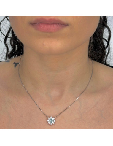 GARGANTILLA EN PLATA CON CIRCONITA AZUL Y  BLANCA EN FORMA DE FLOR