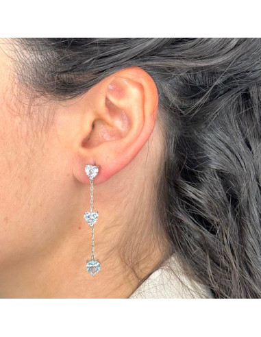 PENDIENTES EN PLATA LARGOS CON CORAZONES ZIR