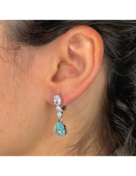 PENDIENTES EN PLATA LARGOS CON CIRCONITA AZUL GOTA Y BLANCAS