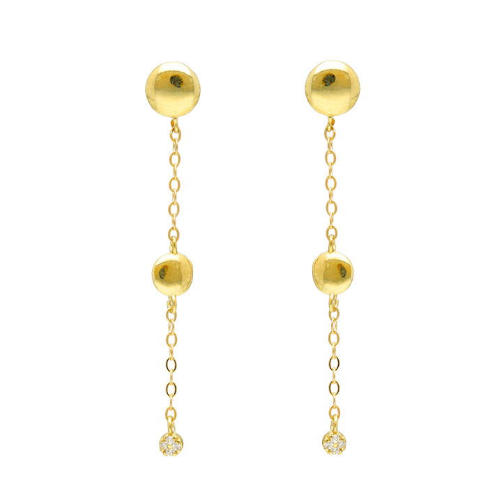 PENDIENTES EN ORO LARGOS CON  CADENA ESFERAS Y CIRCONITAS