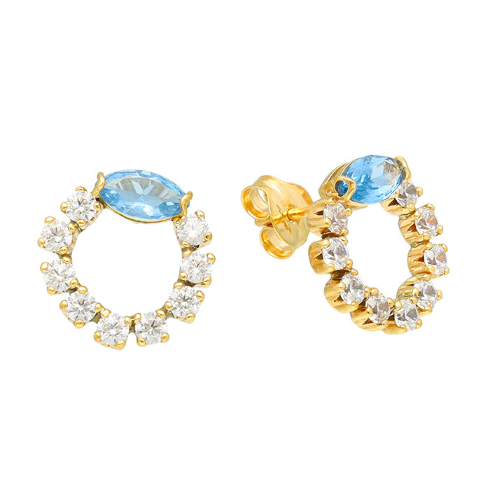 PENDIETES EN ORO CIRCULO CIRCONITAS BLANCAS Y AZUL GARRA