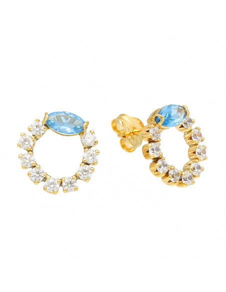 PENDIETES EN ORO CIRCULO CIRCONITAS BLANCAS Y AZUL GARRA