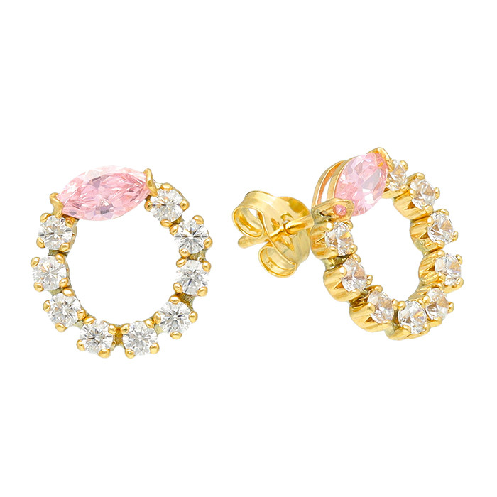 PENDIETES EN ORO CIRCULO CIRCONITAS BLANCAS Y ROSA GARRA