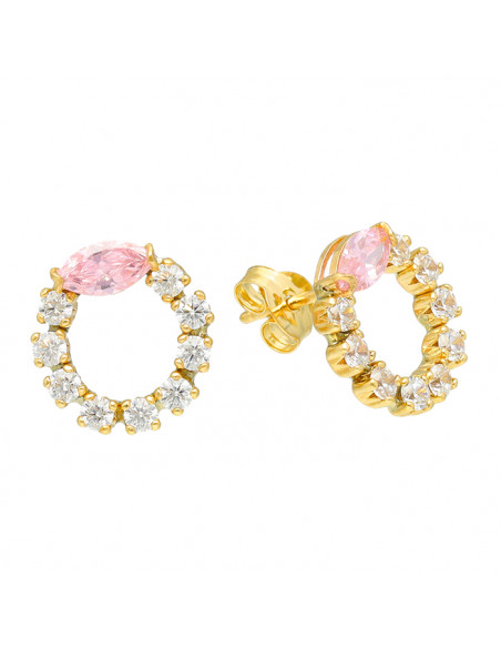 PENDIETES EN ORO CIRCULO CIRCONITAS BLANCAS Y ROSA GARRA