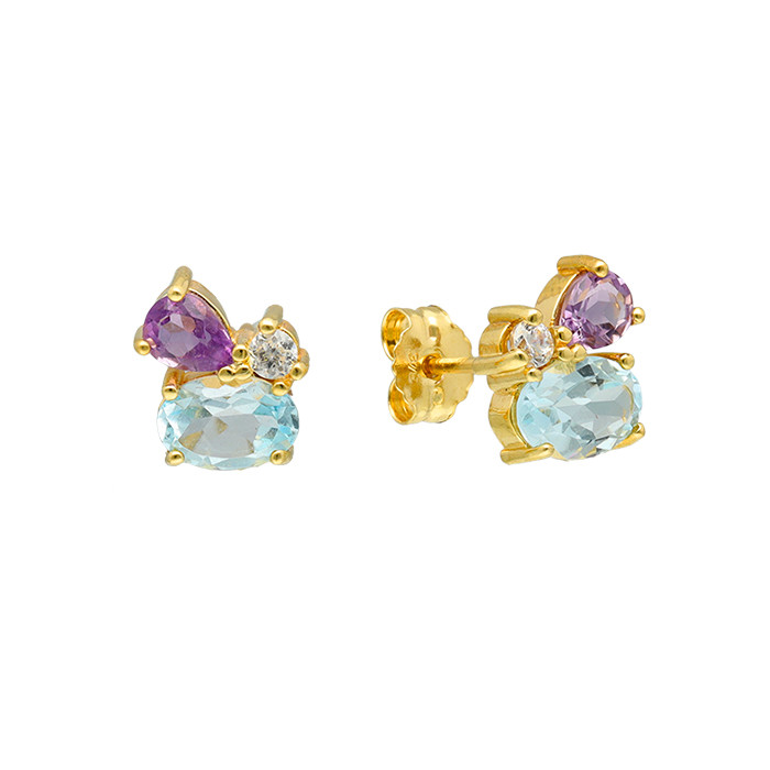 PENDIENTES EN ORO TRES CIRCONITAS MULTICOLOR GARRA