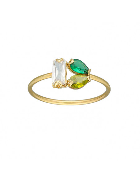 ANILLO EN ORO CON TRES CIRCONITAS TONOS VERDE Y BLANCO