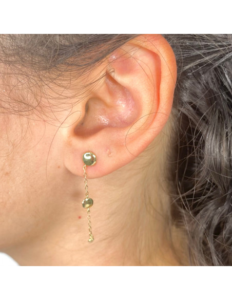 PENDIENTES EN ORO LARGOS CON  CADENA ESFERAS Y CIRCONITAS