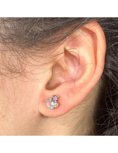 PENDIENTES EN ORO TRES CIRCONITAS MULTICOLOR GARRA