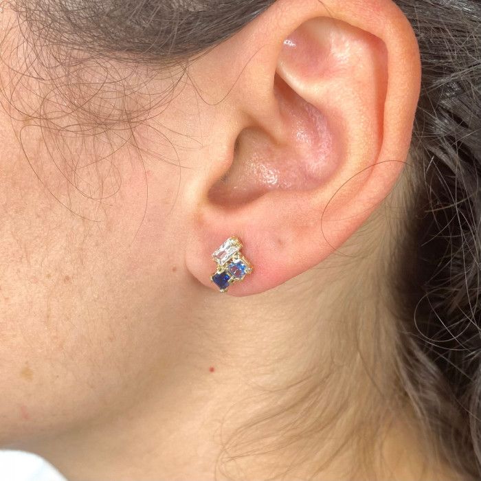 PENDIENTES EN ORO TRES CIRCONITAS TONOS AZULES 2