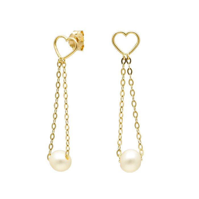 PENDIENTES EN ORO LARGOS CORAZON CON CADENA Y PERLA
