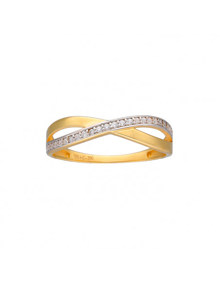 ANILLO EN ORO BICOLOR DOS BANDAS CRUZADAS CIRCONITAS