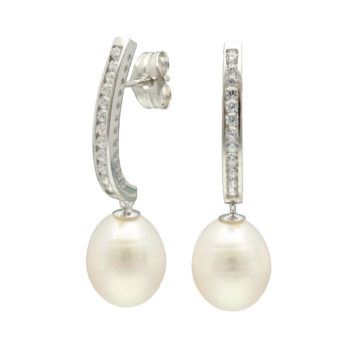 PENDIENTES EN ORO BLANCO LARGOS CIRCONITAS Y PERLAS  CULTIVADAS