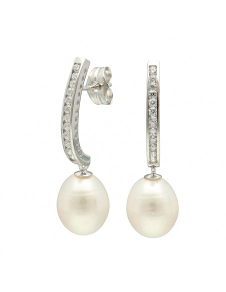 PENDIENTES EN ORO BLANCO LARGOS CIRCONITAS Y PERLAS  CULTIVADAS