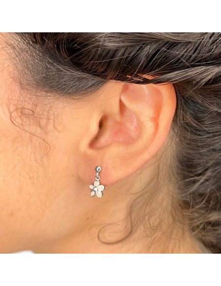 PENDIENTES EN PLATA NIÑA LARGOS FLORES ROSAS CIRCONITA ESMALTE