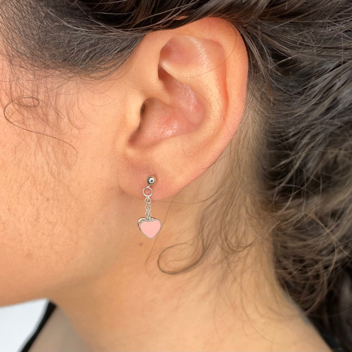 PENDIENTES EN PLATA LARGOS DOBLE CORAZON  ESMALTE 2