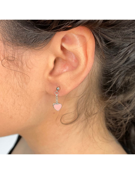 PENDIENTES EN PLATA LARGOS DOBLE CORAZON  ESMALTE