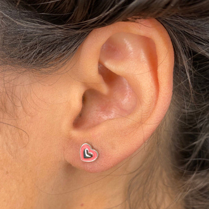PENDIENTES EN PLATA CORAZON ESMALTE ROJO 2
