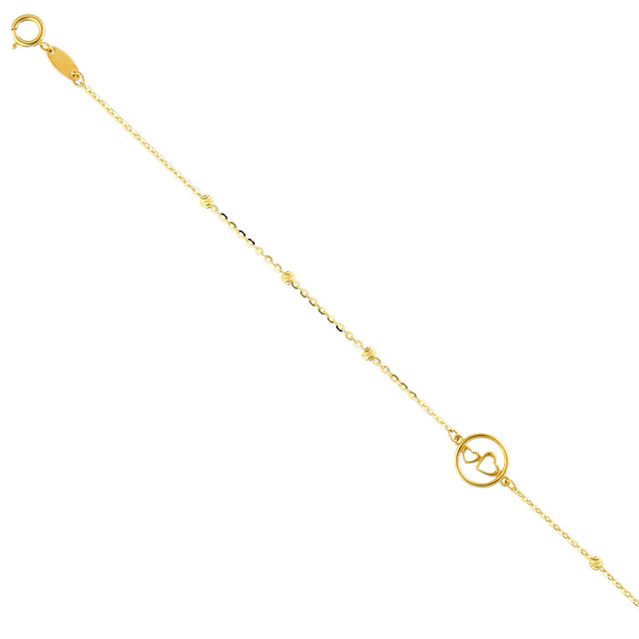 PULSERA EN ORO CIRCULO CON DOS CORAZONES