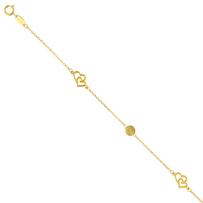 PULSERA EN ORO DOS CORAZONES UNIDOS Y CIRCULOS
