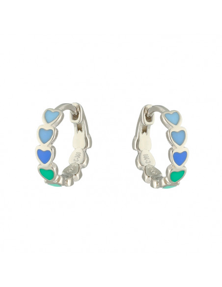 PENDIENTES EN PLATA AROS CORAZONES TONOS AZUL Y VERDE