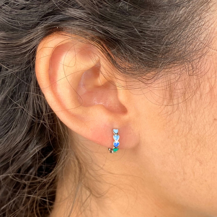 PENDIENTES EN PLATA AROS CORAZONES TONOS AZUL Y VERDE 2