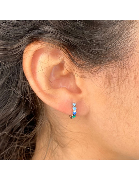PENDIENTES EN PLATA AROS CORAZONES TONOS AZUL Y VERDE