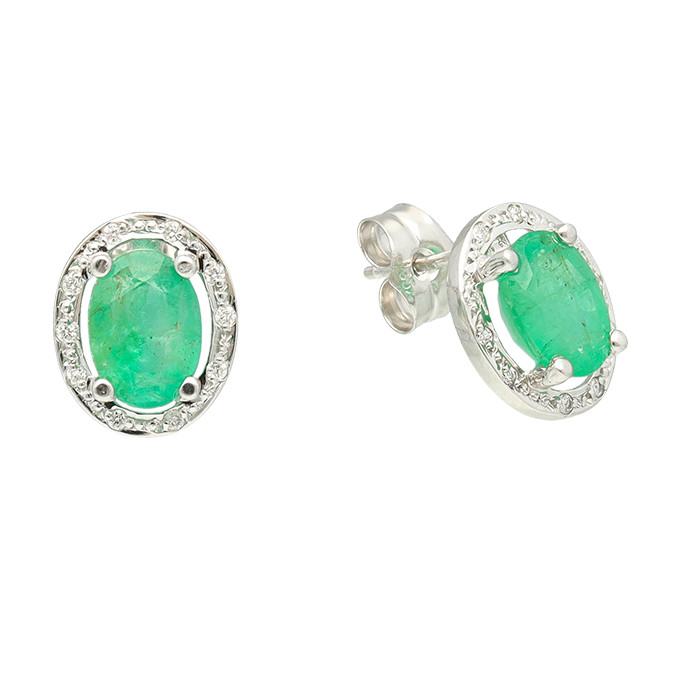 PENDIENTES EN ORO BLANCO DIAMANTES Y ESMERALADA OVALADA